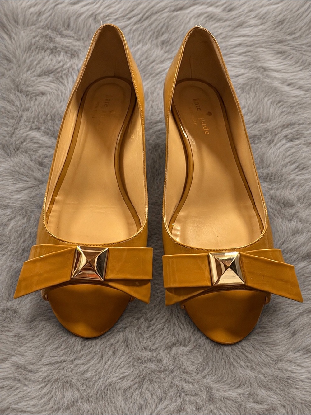 kate spade Brown Patent Peep Toe Flats with Bow & Pyramid Stud